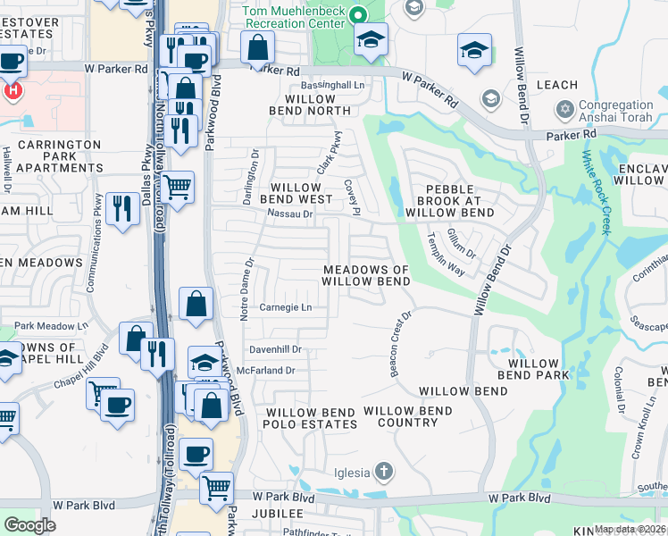 map of restaurants, bars, coffee shops, grocery stores, and more near 2629 Chambers Lane in Plano
