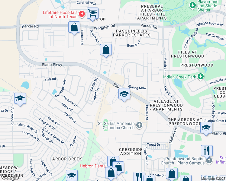 map of restaurants, bars, coffee shops, grocery stores, and more near 4211 Plano Parkway in Carrollton