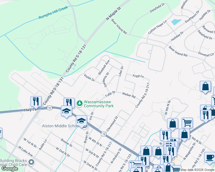map of restaurants, bars, coffee shops, grocery stores, and more near 105 Daffodil Street in Summerville