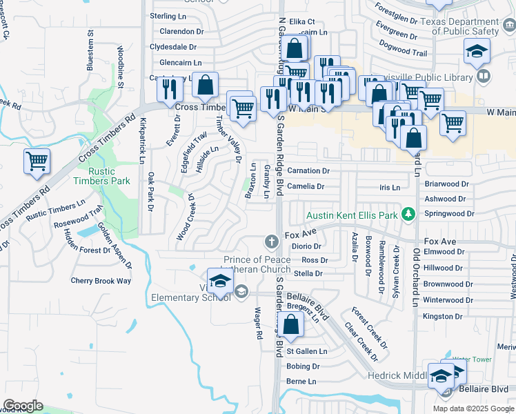 map of restaurants, bars, coffee shops, grocery stores, and more near 629 Gentry Lane in Flower Mound