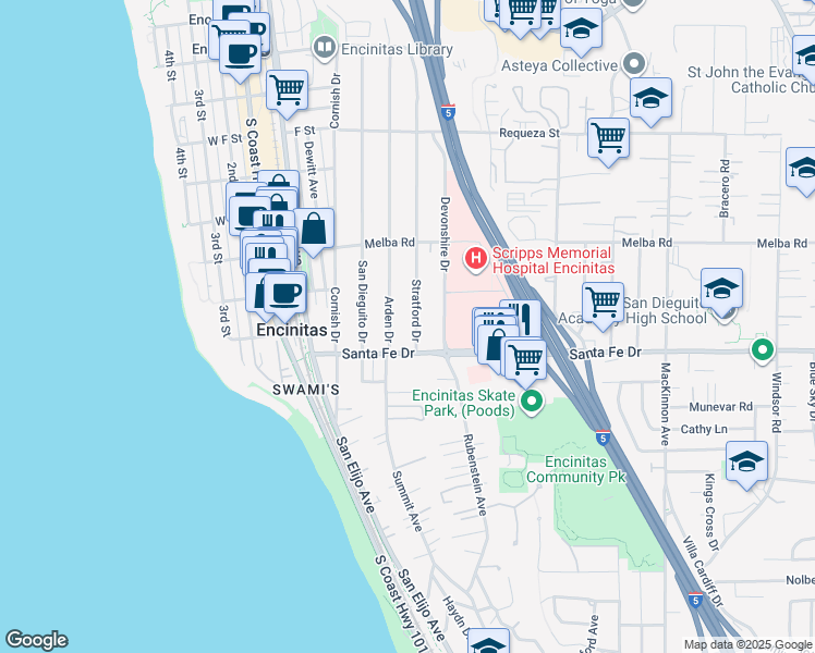 map of restaurants, bars, coffee shops, grocery stores, and more near 1141 Arden Drive in Encinitas