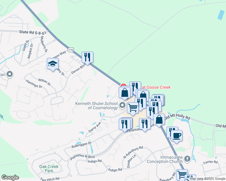 map of restaurants, bars, coffee shops, grocery stores, and more near 8306 Channing Way in Goose Creek