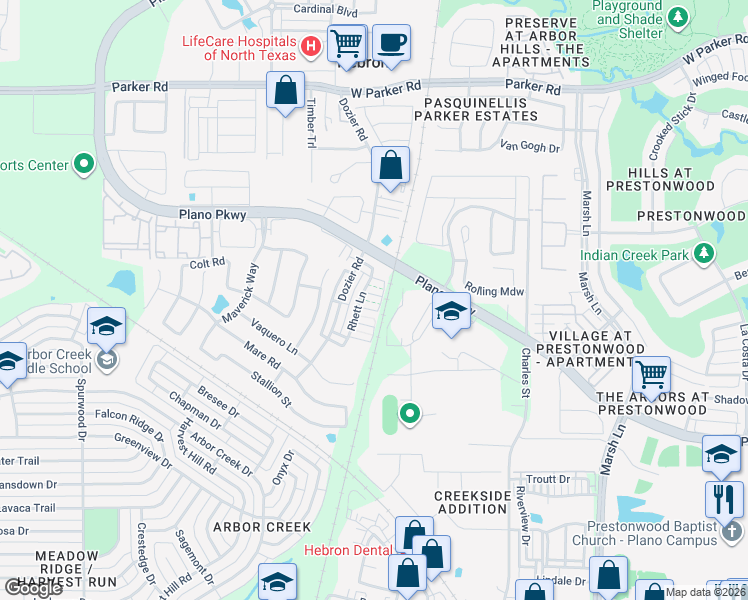 map of restaurants, bars, coffee shops, grocery stores, and more near 4687 Rhett Lane in Carrollton
