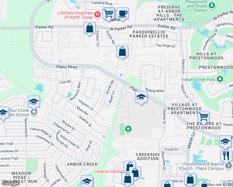 map of restaurants, bars, coffee shops, grocery stores, and more near 4687 Rhett Lane in Carrollton