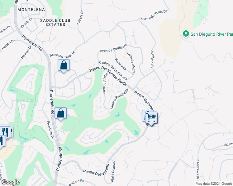 map of restaurants, bars, coffee shops, grocery stores, and more near 17690 Plaza Acosta in San Diego
