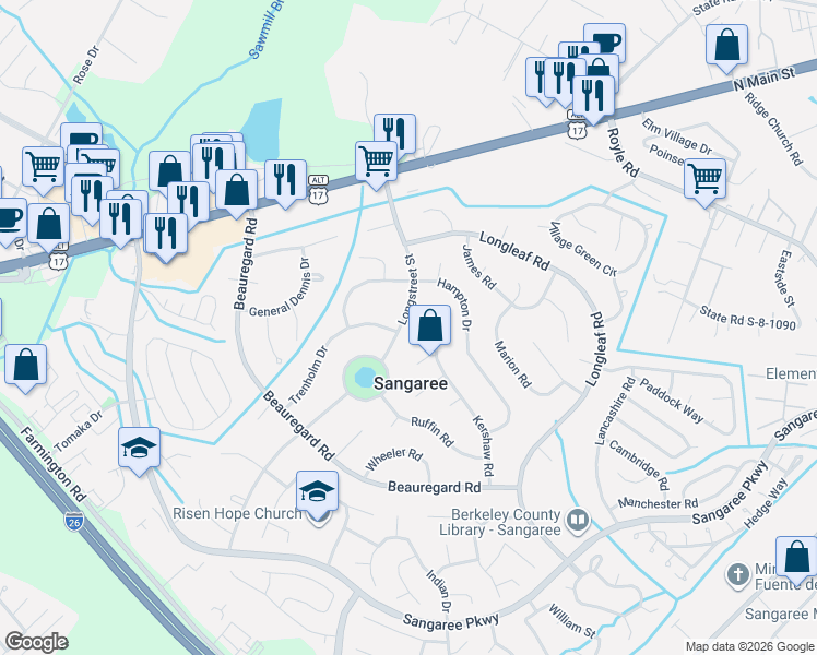 map of restaurants, bars, coffee shops, grocery stores, and more near 408 Longstreet Street in Summerville