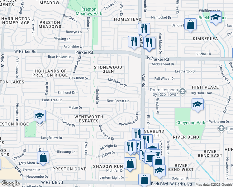 map of restaurants, bars, coffee shops, grocery stores, and more near 2805 Longtown Drive in Plano
