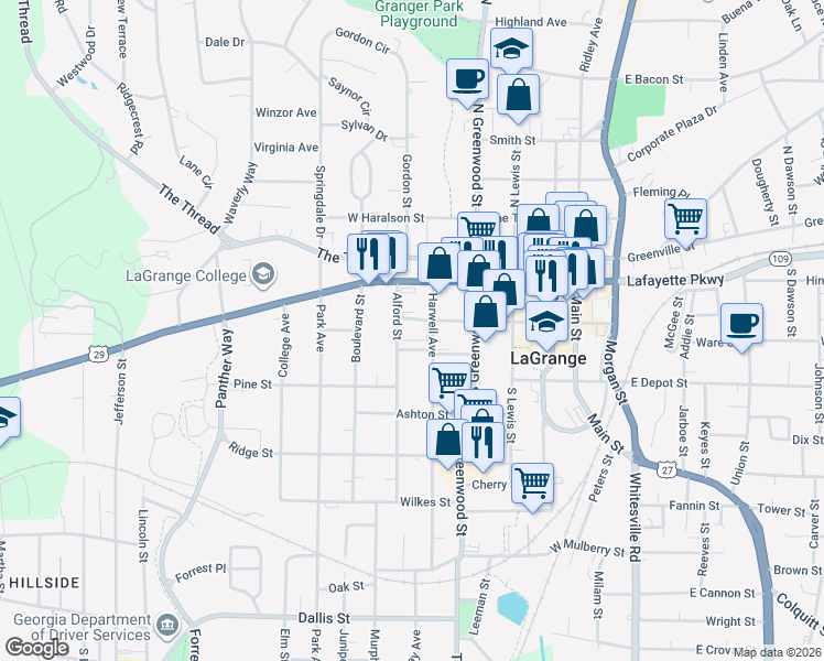 map of restaurants, bars, coffee shops, grocery stores, and more near 115 Alford Street in LaGrange