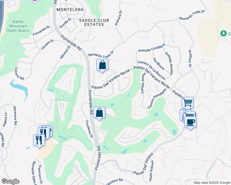 map of restaurants, bars, coffee shops, grocery stores, and more near 12647 Camino Vuelo in San Diego