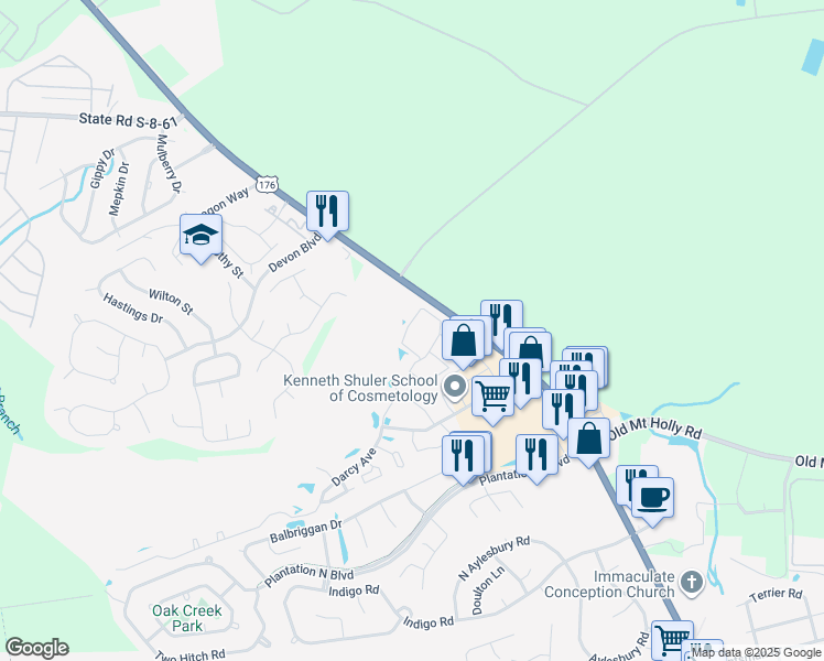 map of restaurants, bars, coffee shops, grocery stores, and more near 799 U.S. 176 in Goose Creek