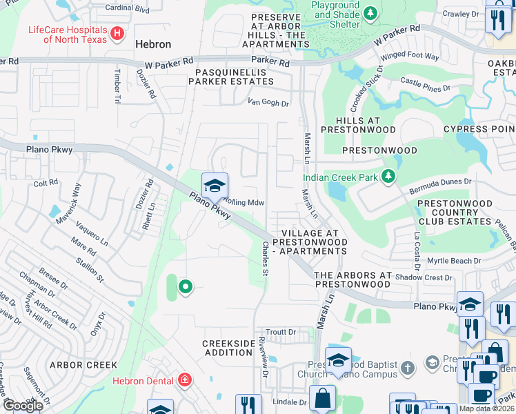 map of restaurants, bars, coffee shops, grocery stores, and more near 2621 Rolling Meadow in Carrollton