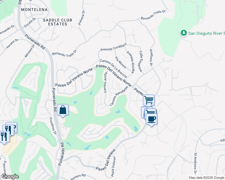 map of restaurants, bars, coffee shops, grocery stores, and more near 17690 Plaza Acosta in San Diego