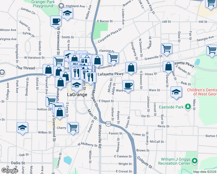 map of restaurants, bars, coffee shops, grocery stores, and more near 108 McGee Street in LaGrange