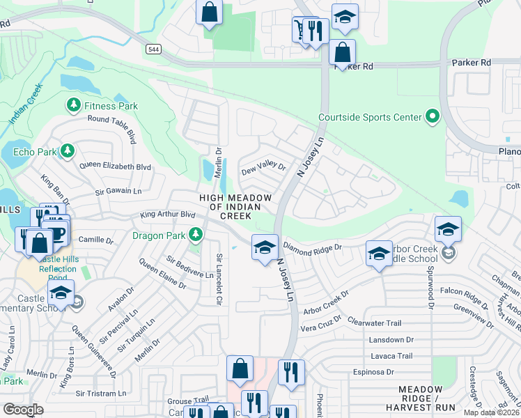 map of restaurants, bars, coffee shops, grocery stores, and more near 4606 Cherokee Path in Carrollton