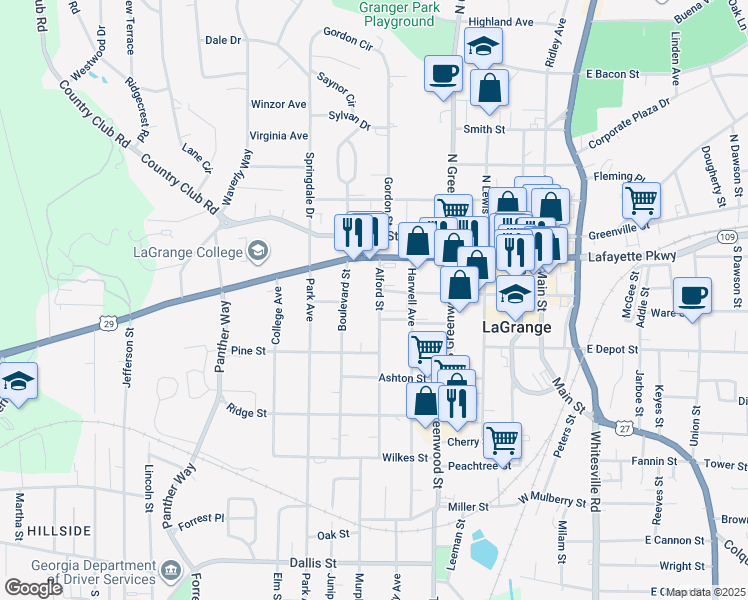 map of restaurants, bars, coffee shops, grocery stores, and more near 116 Alford Street in LaGrange