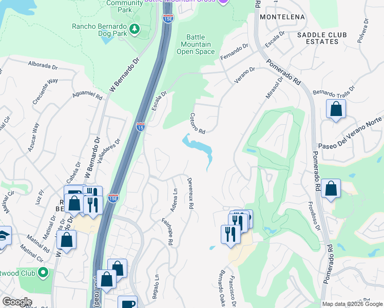 map of restaurants, bars, coffee shops, grocery stores, and more near 17795 Rosedown Place in San Diego