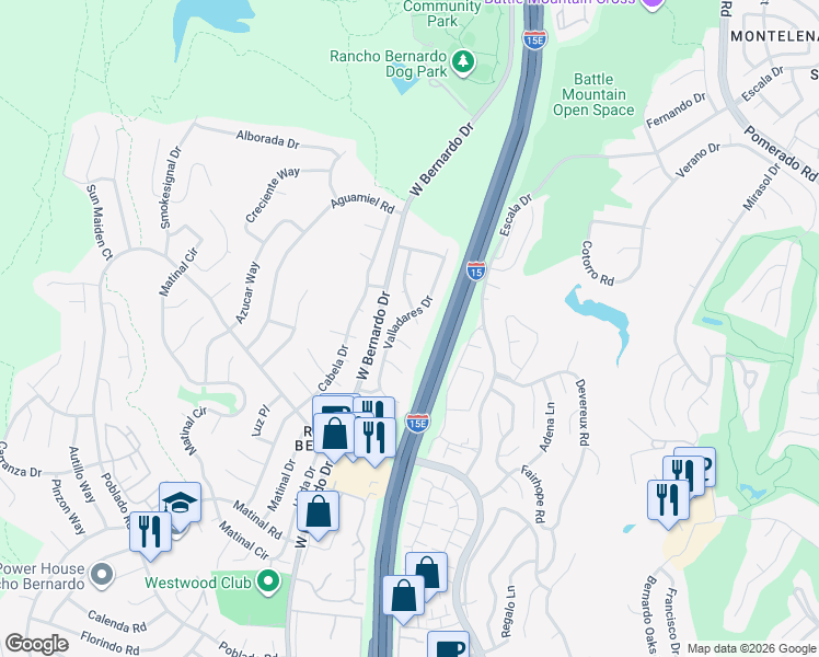 map of restaurants, bars, coffee shops, grocery stores, and more near 17951 Valladares Drive in San Diego