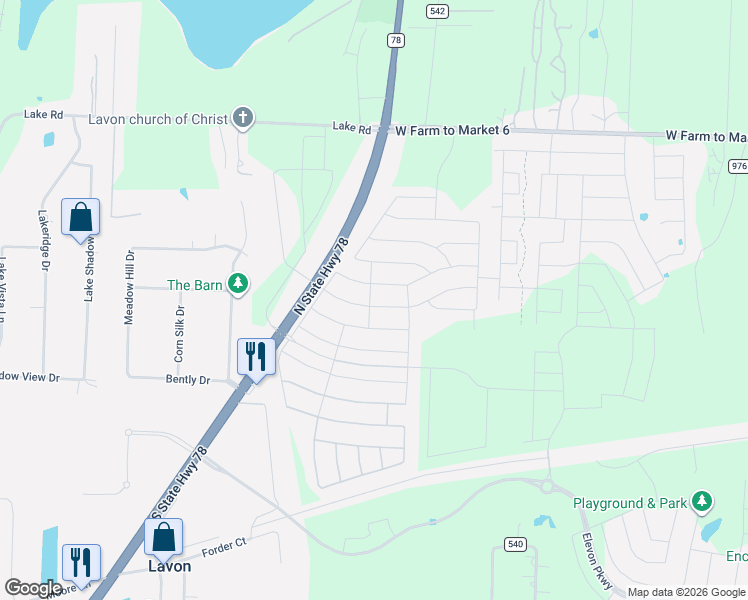 map of restaurants, bars, coffee shops, grocery stores, and more near Texas 78 in Lavon