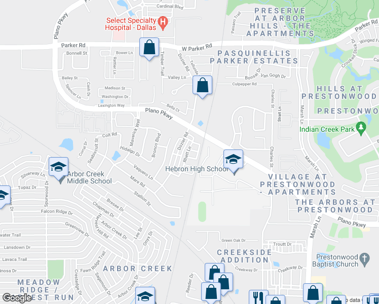 map of restaurants, bars, coffee shops, grocery stores, and more near 4687 Rhett Lane in Carrollton