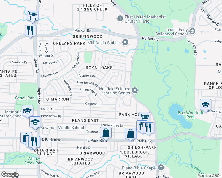map of restaurants, bars, coffee shops, grocery stores, and more near 3013 Queens Way in Plano
