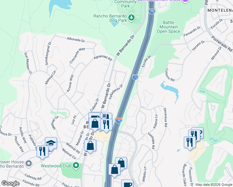 map of restaurants, bars, coffee shops, grocery stores, and more near 17951 Valladares Drive in San Diego