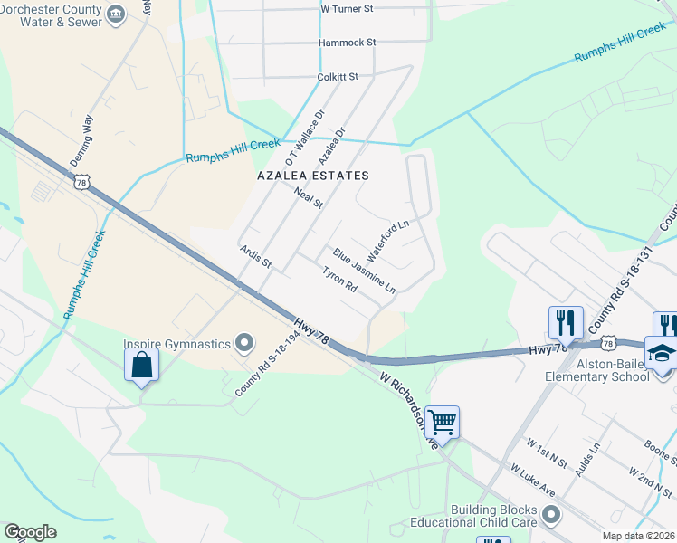 map of restaurants, bars, coffee shops, grocery stores, and more near 134 Tyron Road in Summerville