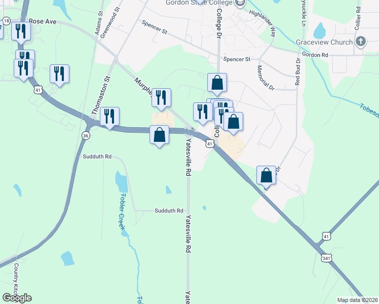 map of restaurants, bars, coffee shops, grocery stores, and more near 133 Yatesville Road in Barnesville