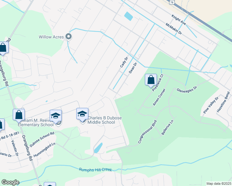 map of restaurants, bars, coffee shops, grocery stores, and more near 1000 Marlow Drive in Summerville