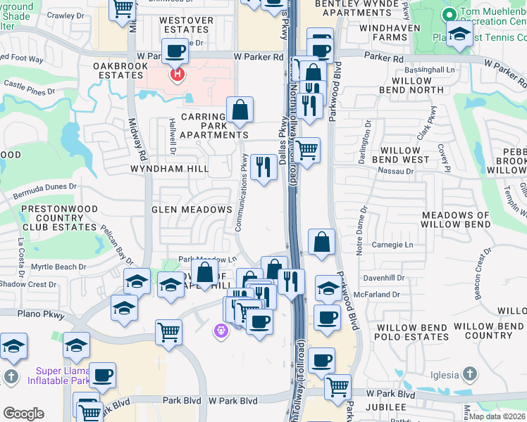 map of restaurants, bars, coffee shops, grocery stores, and more near 2701 Dallas Parkway in Plano