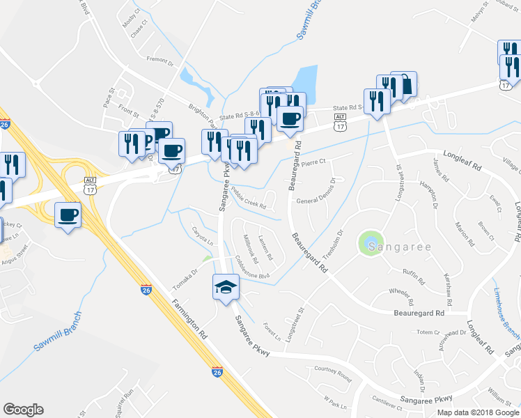 map of restaurants, bars, coffee shops, grocery stores, and more near 121 Pebble Creek Road in Summerville