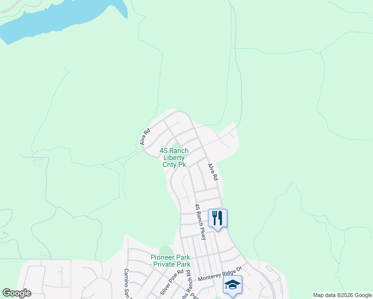 map of restaurants, bars, coffee shops, grocery stores, and more near 17713 Hunters Ridge Road in San Diego