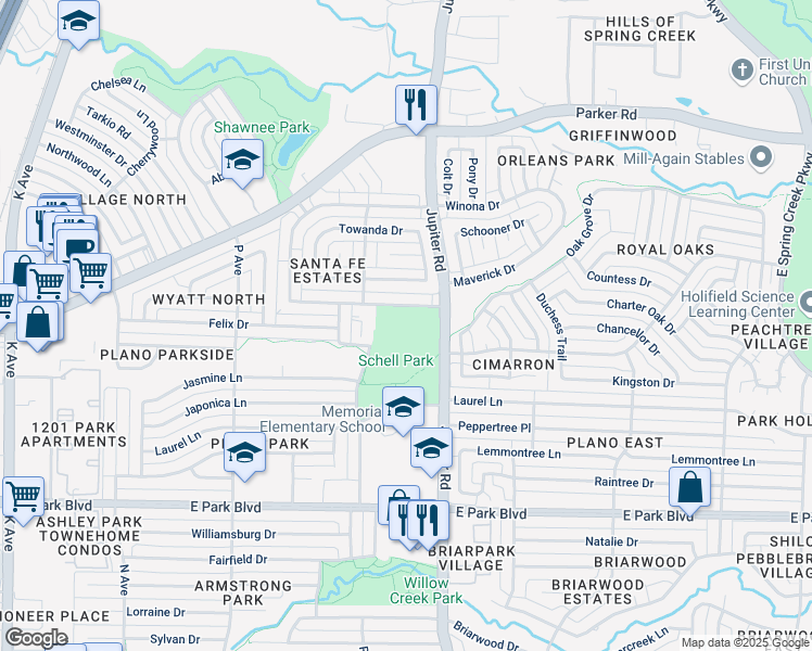 map of restaurants, bars, coffee shops, grocery stores, and more near 2300 Laurel Lane in Plano