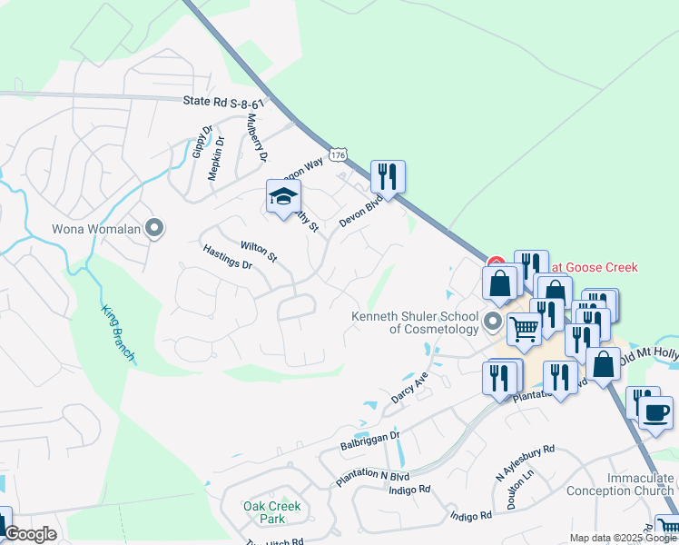 map of restaurants, bars, coffee shops, grocery stores, and more near 211 Ivybridge Court in Goose Creek