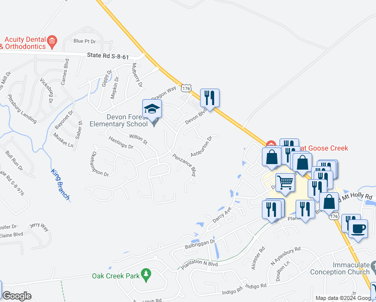 map of restaurants, bars, coffee shops, grocery stores, and more near 302 Torquay Court in Goose Creek