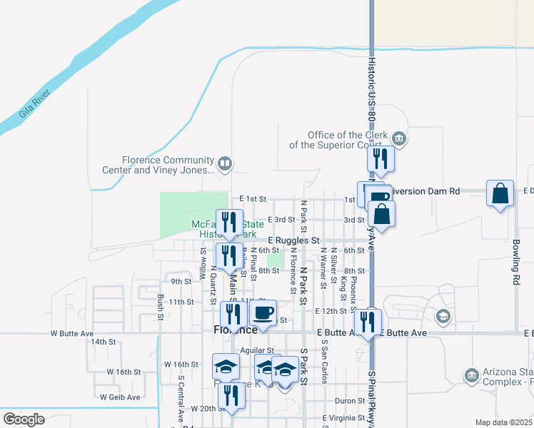 map of restaurants, bars, coffee shops, grocery stores, and more near 620 North Church Street in Florence