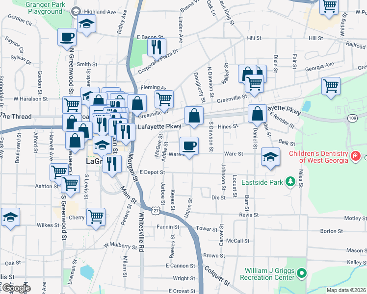 map of restaurants, bars, coffee shops, grocery stores, and more near 109 Union Street in LaGrange