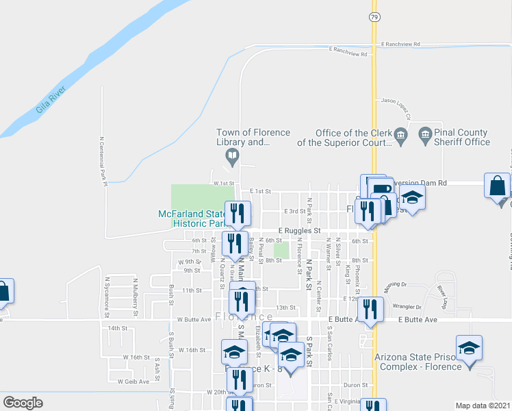 map of restaurants, bars, coffee shops, grocery stores, and more near 407 North Pinal Parkway in Florence