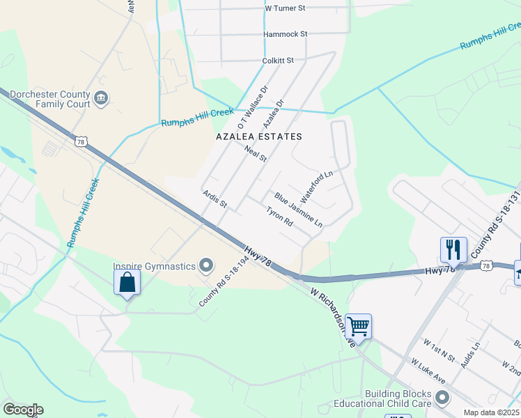 map of restaurants, bars, coffee shops, grocery stores, and more near 135 Tyron Road in Summerville