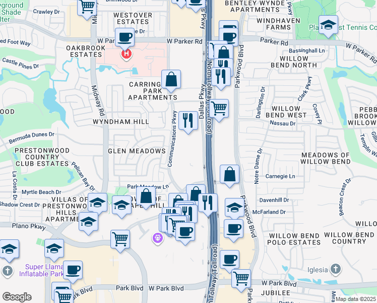 map of restaurants, bars, coffee shops, grocery stores, and more near 2701 Dallas Parkway in Plano