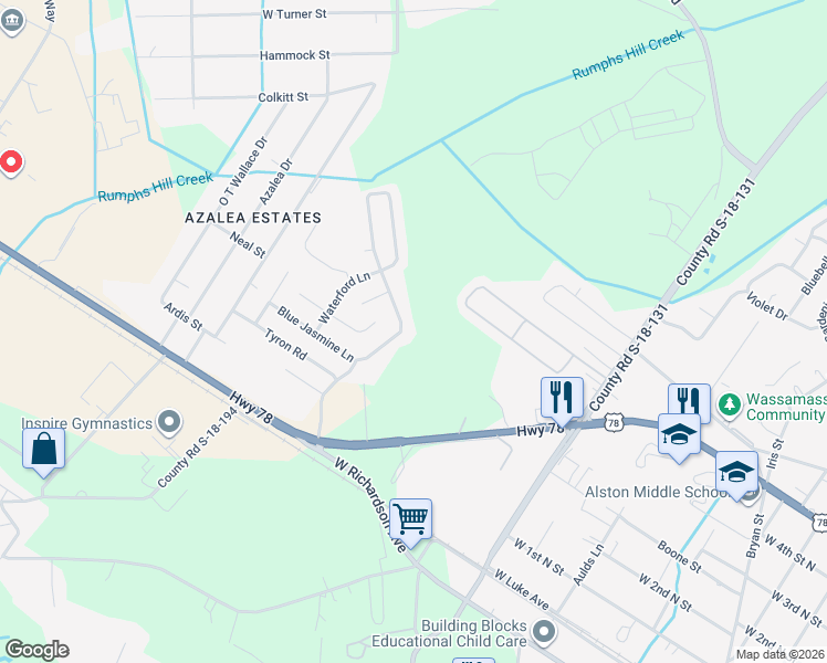 map of restaurants, bars, coffee shops, grocery stores, and more near 75 Blue Jasmine Lane in Summerville