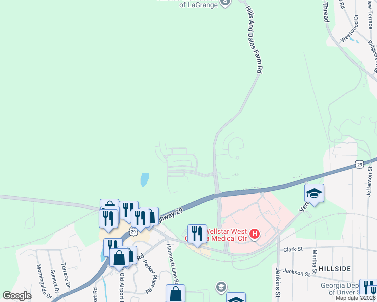map of restaurants, bars, coffee shops, grocery stores, and more near 108 Silverette Circle in LaGrange