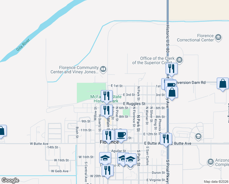 map of restaurants, bars, coffee shops, grocery stores, and more near 407 North Pinal Parkway in Florence