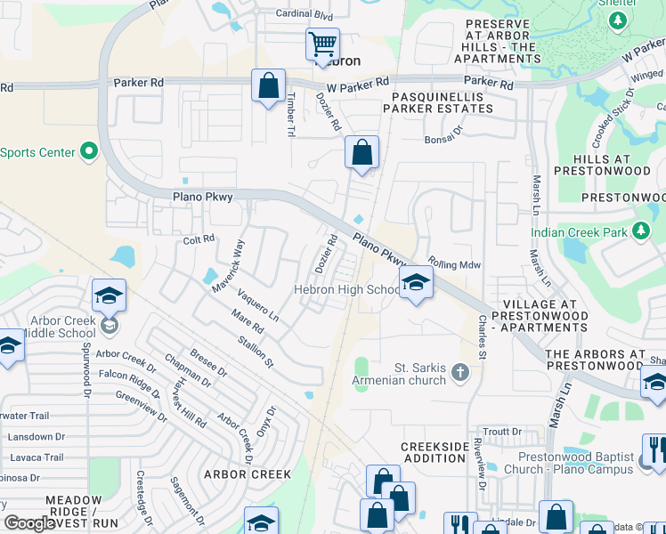 map of restaurants, bars, coffee shops, grocery stores, and more near 4687 Rhett Lane in Carrollton