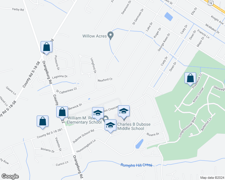 map of restaurants, bars, coffee shops, grocery stores, and more near 162 Berwick Drive in Summerville