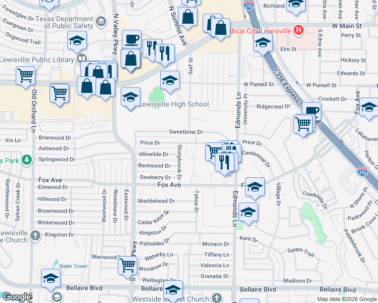 map of restaurants, bars, coffee shops, grocery stores, and more near 502 Price Drive in Lewisville