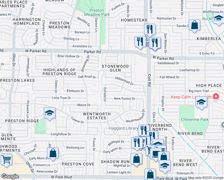 map of restaurants, bars, coffee shops, grocery stores, and more near 4205 Warminster Drive in Plano