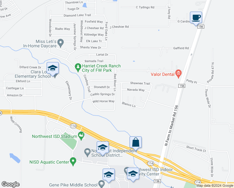 map of restaurants, bars, coffee shops, grocery stores, and more near 16248 Red River Lane in Justin