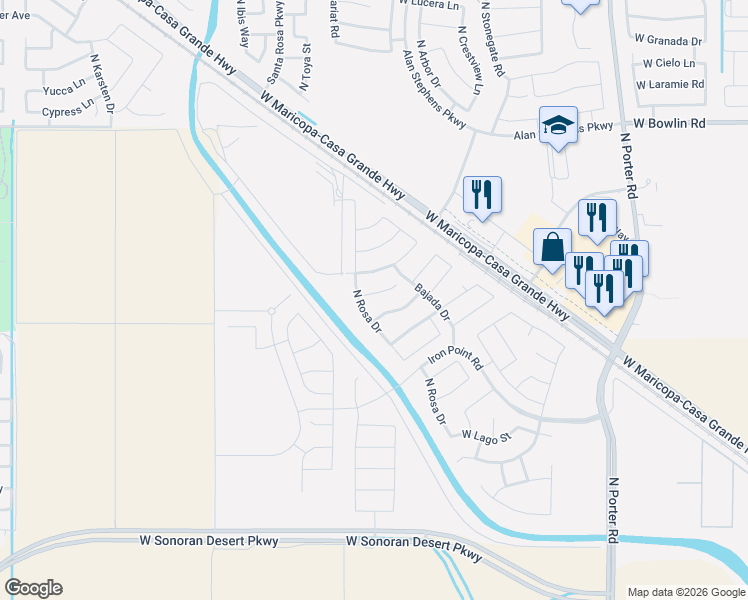map of restaurants, bars, coffee shops, grocery stores, and more near 17400 North Rosa Drive in Maricopa