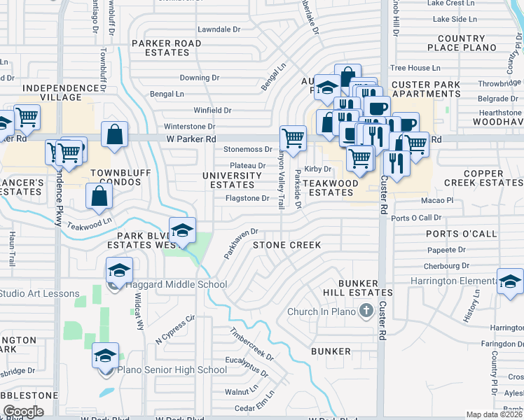 map of restaurants, bars, coffee shops, grocery stores, and more near 2417 Teakwood Lane in Plano