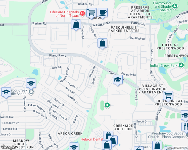 map of restaurants, bars, coffee shops, grocery stores, and more near 4687 Rhett Lane in Carrollton